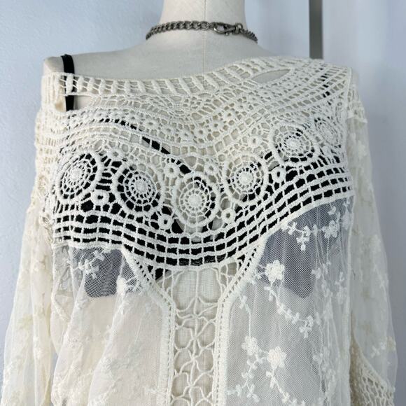 Sheer Crochet Lace Mesh Boho Off the Shoulder Top Medium - Picture 2 of 6